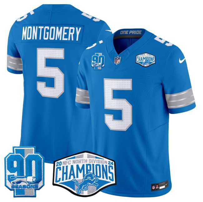 Men%27s Detroit Lions #5 David Montgomery Blue 2024 NFC North Champions 90th Anniversary Patch F.U.S.E. Vapor Limited Stitched Jersey->detroit lions->NFL Jersey